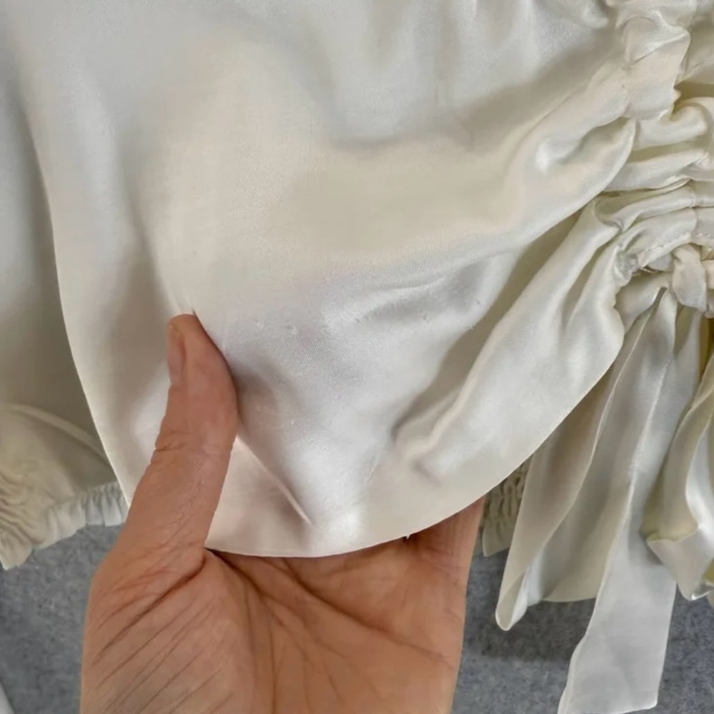 Anthropologie Satin White Blouse Tie Ruched Large - Picture 3 of 4